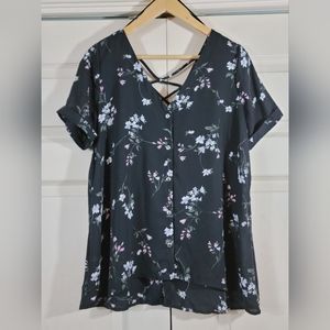 Sienna Sky Black Blouse with White Pink Floral Pattern